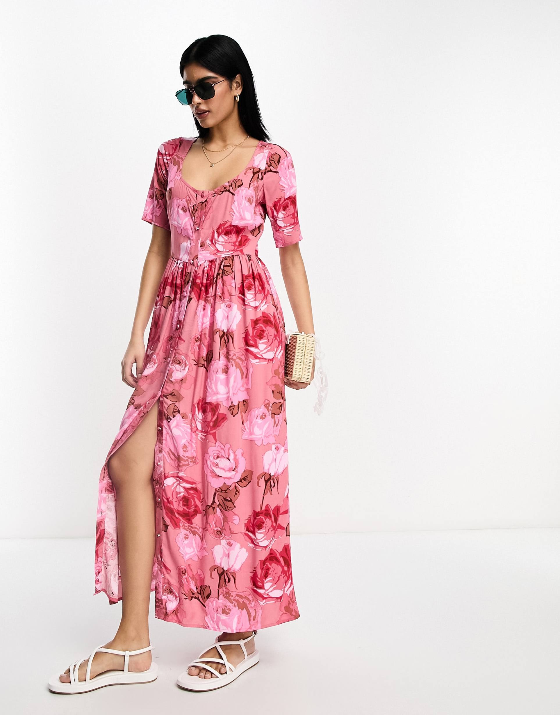 asos design square neck button up spun midi dress in rose print