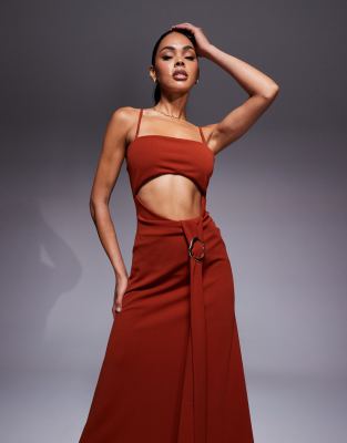 Asos Design Square Neck Cami Maxi Dress With Buckle Detail Sash-red In Red