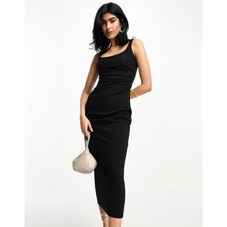 ASOS DESIGN square neck cami midi dress with ruched drape detail in black