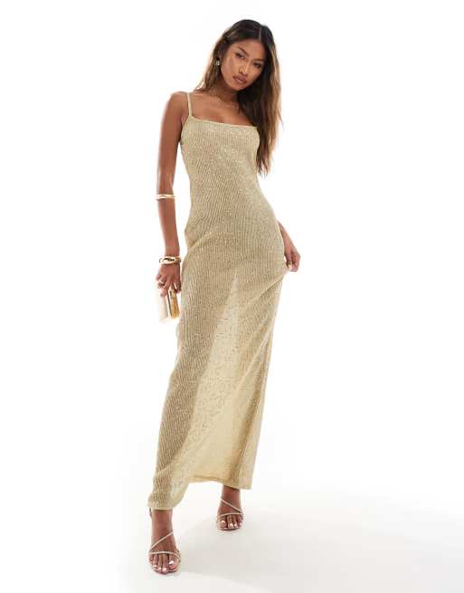 CerbeShops DESIGN square neck cami sequin midi dress in gold