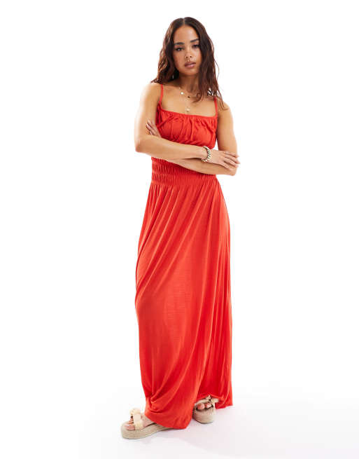 ASOS DESIGN square neck cami shirred bodice maxi dress in red, 2 of 4
