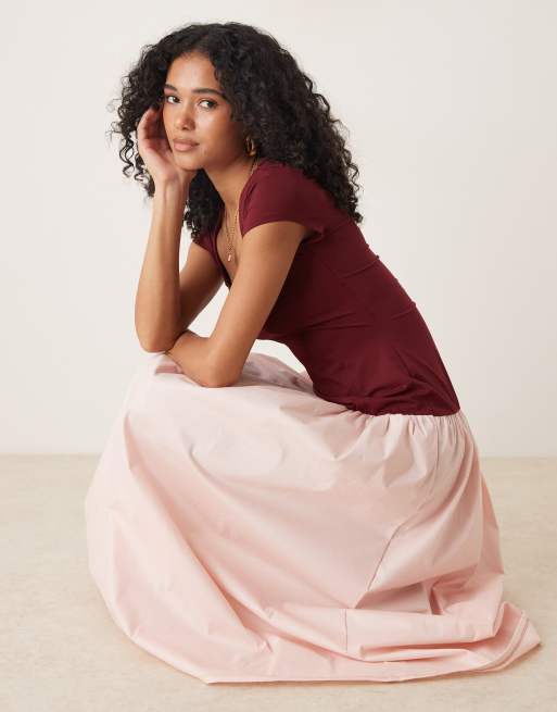 ASOS DESIGN square neck cap sleeve hybrid maxi dress in burgundy, 2 of 4