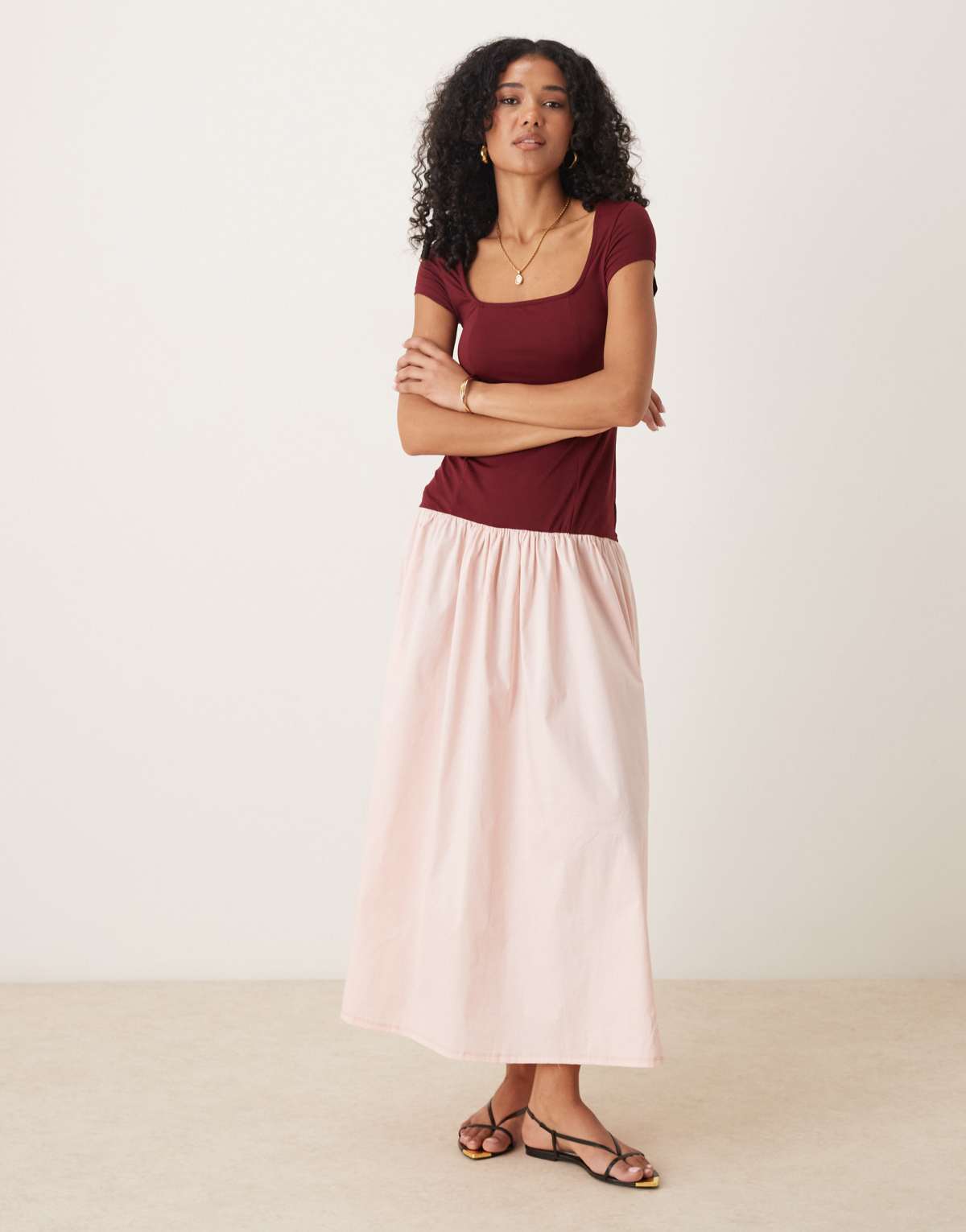 ASOS DESIGN square neck cap sleeve hybrid zip detail maxi dress in burgundy