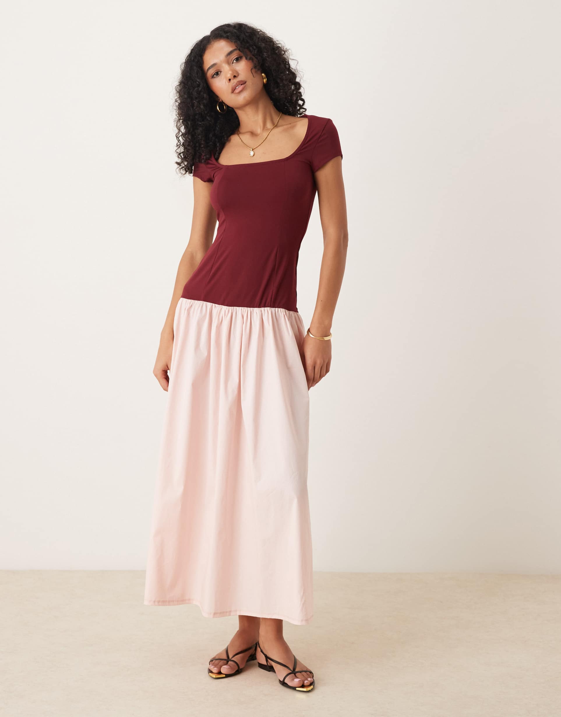 asos design square neck cap sleeve hybrid zip detail maxi dress in burgundy