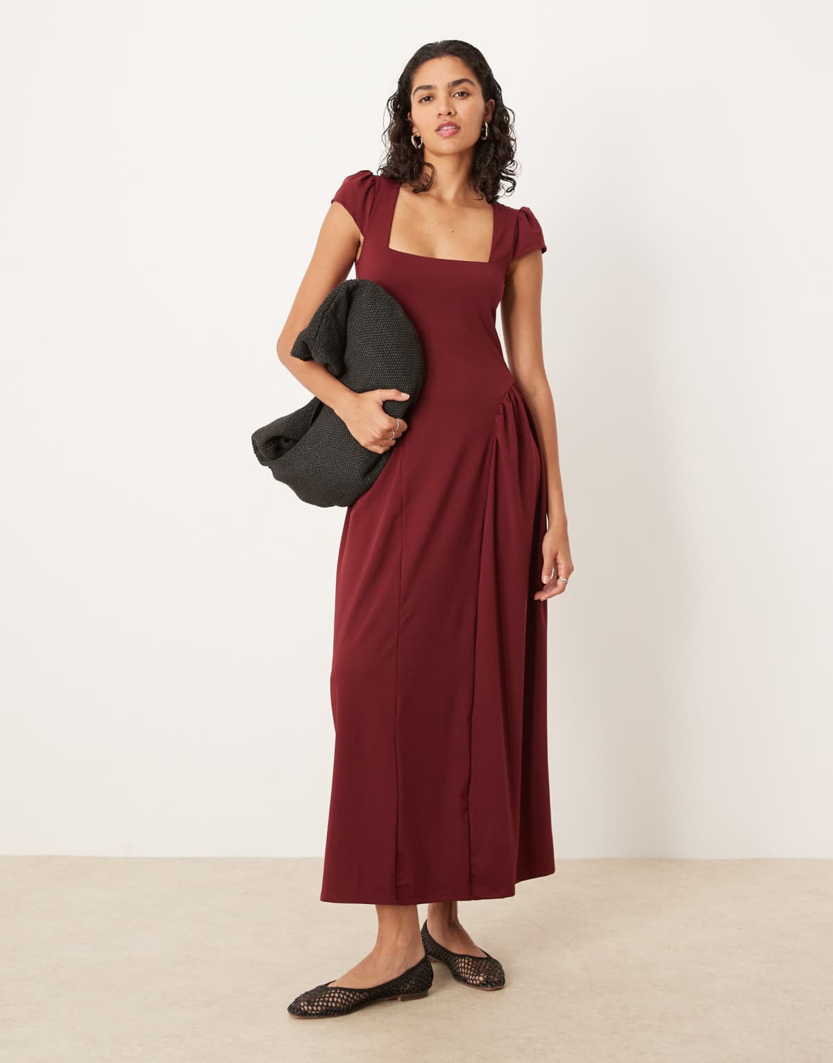 ASOS DESIGN square neck cap sleeve maxi dress in burgundy