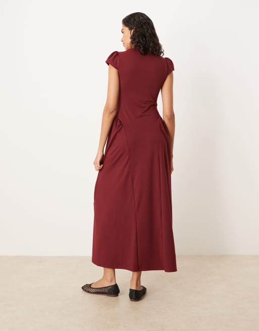 ASOS DESIGN square neck cap sleeve maxi dress in burgundy