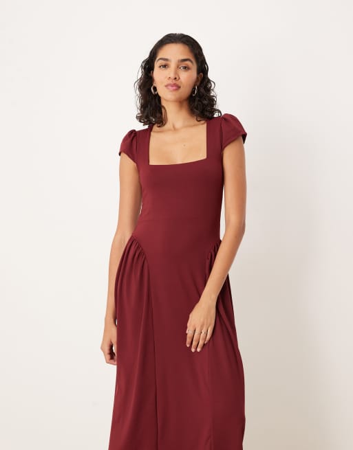 ASOS DESIGN square neck cap sleeve maxi dress in burgundy