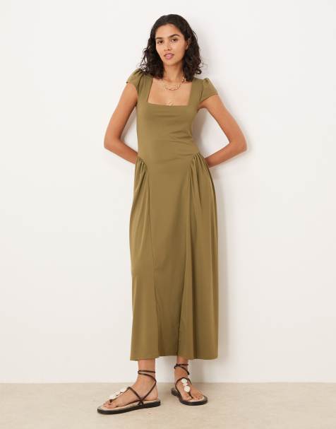 ASOS DESIGN square neck cap sleeve maxi dress in khaki - view 1