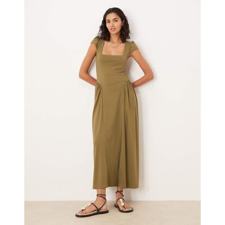 asos design short sleeve slinky maxi dress in khaki ASOS DESIGN square neck cap sleeve maxi dress in khaki