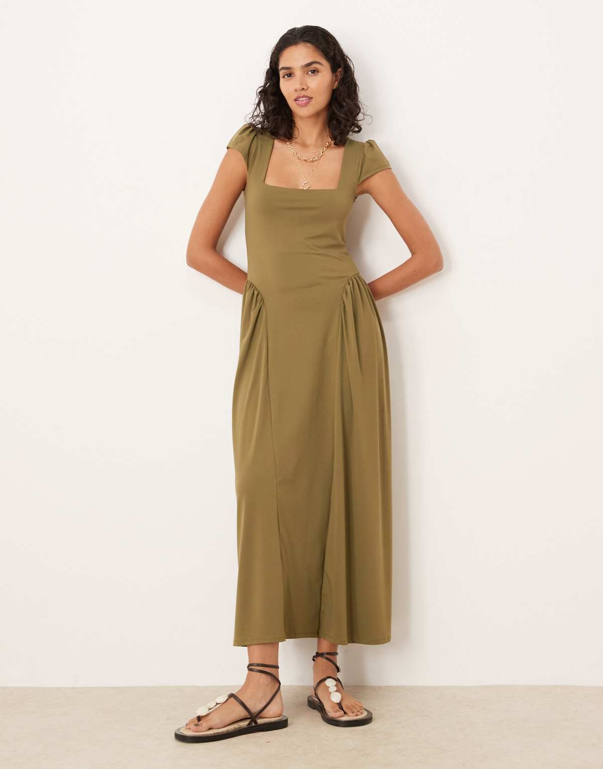 ASOS DESIGN square neck cap sleeve maxi dress in khaki
