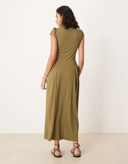 ASOS DESIGN square neck cap sleeve maxi dress in khaki