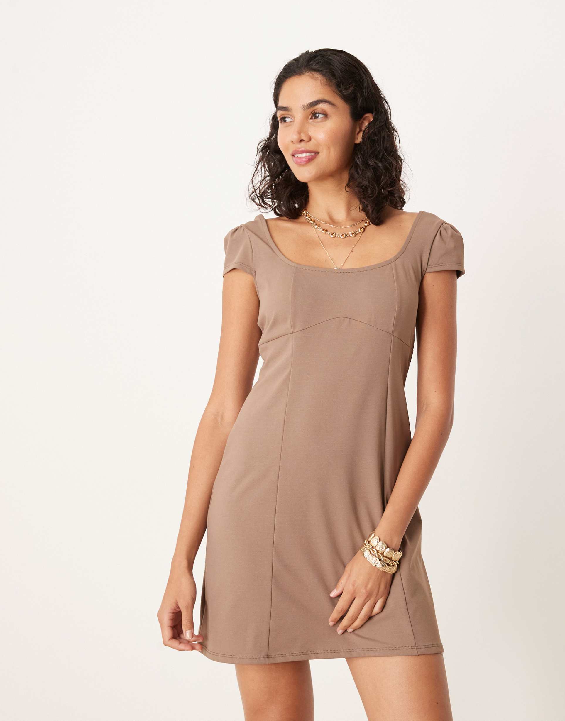 asos design square neck cap sleeve seam detail mini dress in mocha