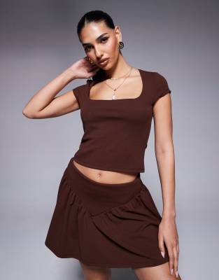 Asos Design Square Neck Cap Sleeve Top In Brown