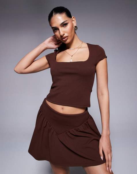 ASOS DESIGN square neck cap sleeve top in chocolate - part of a set - view 1