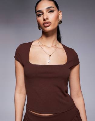 Asos Design Square Neck Cap Sleeve Top In Brown