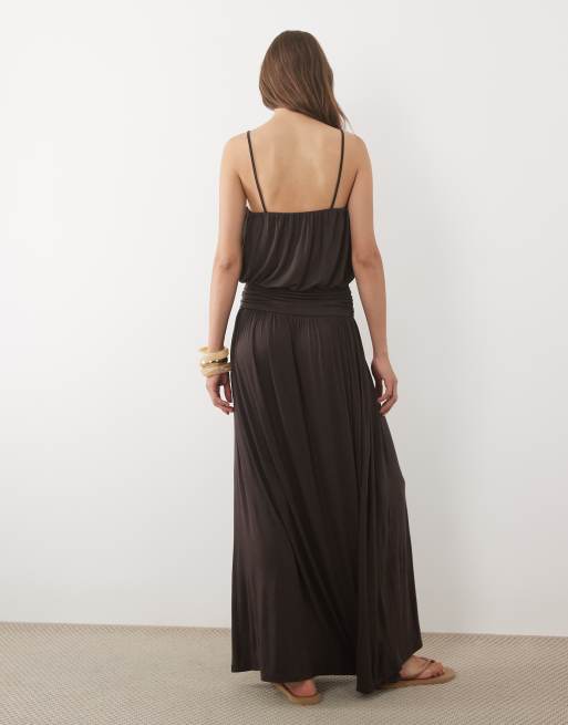 ASOS DESIGN square neck cinched waist blouson maxi dress in chocolate, 2 of 4