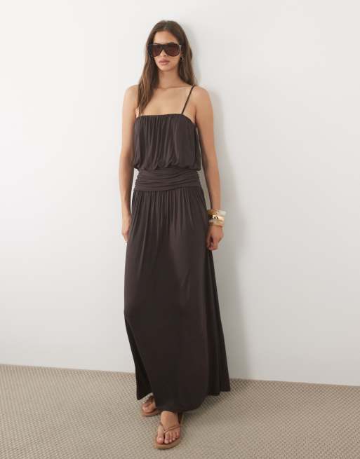 ASOS DESIGN square neck cinched waist blouson maxi dress in chocolate, 4 of 4