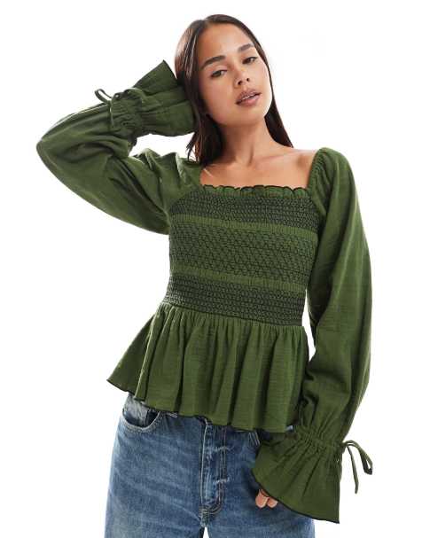 ASOS DESIGN square neck contrast stitching smock top in green - view 1