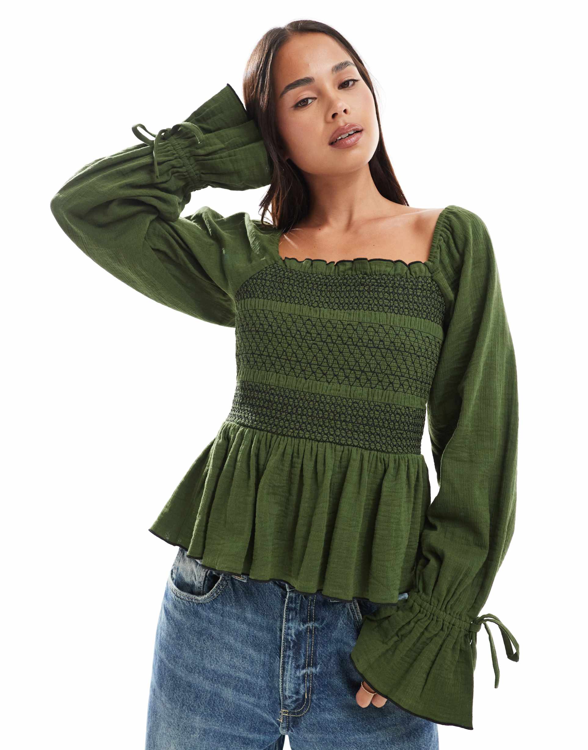 asos design square neck contrast stitching smock top in green