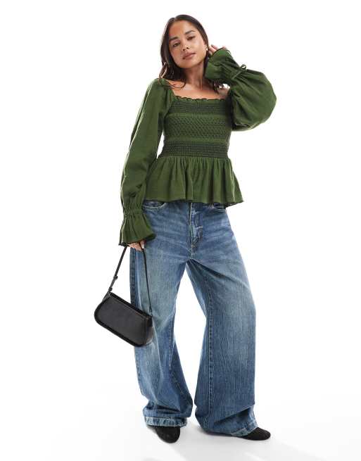 ASOS DESIGN square neck contrast stitching smock top in green, 2 of 4