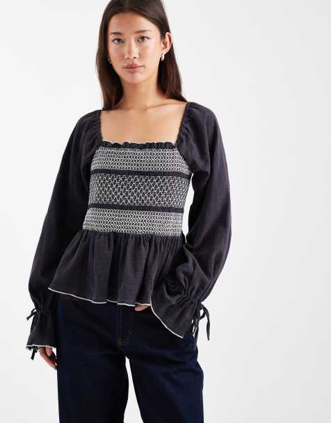 ASOS DESIGN square neck contrast stitching smock top in washed black - view 1