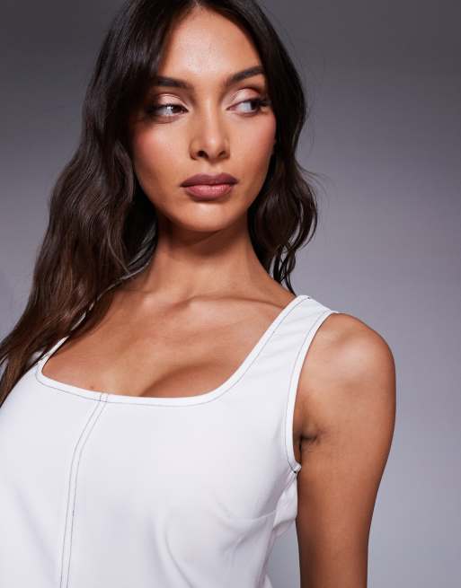 ASOS DESIGN square neck contrast stitching top in white - part of a set, 3 of 4