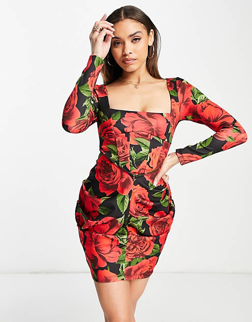 Dresses square neck corset long sleeve side ruched mini dress in red floral 