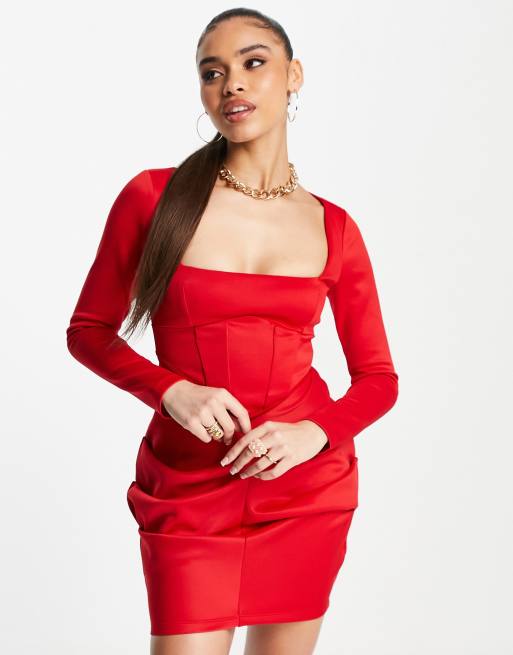 ASOS DESIGN square neck corset long sleeve side ruched mini dress