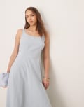 [ASOS DESIGN] ASOS DESIGN square neck cotton linen maxi dress with seam detail in washed blue 14 Washed Blue