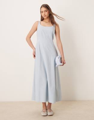 Shop Asos Design Square Neck Cotton Linen Mix Maxi Dress With Seam Detail In Blue