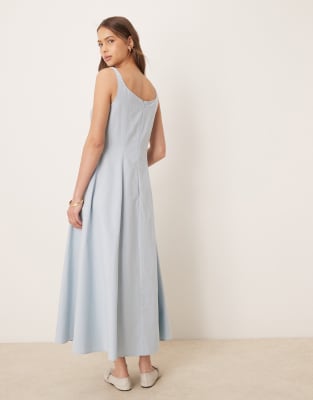 ASOS Design square neck cotton linen mix maxi dress with seam detail in washed blue