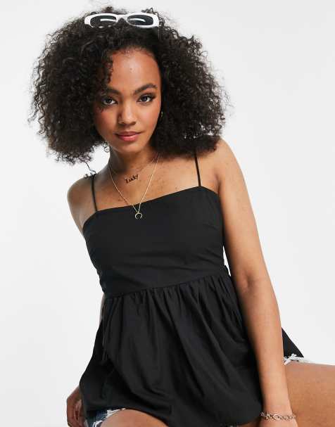 ASOS DESIGN square neck cotton sun top with tie back in black