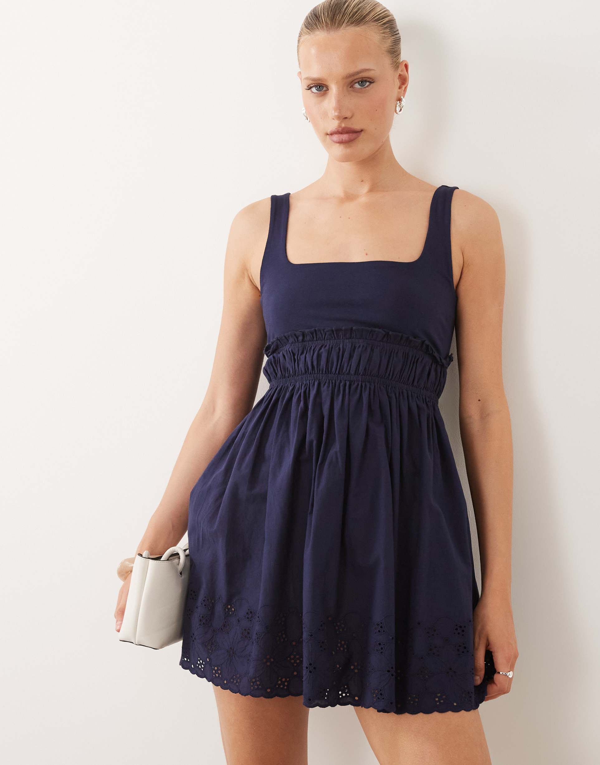asos design square neck cotton sundress with cutwork floral in navy