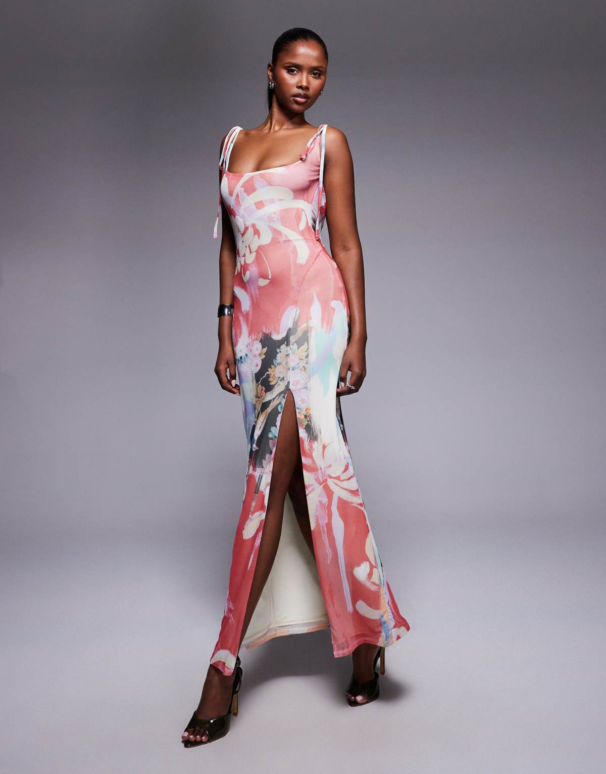 ASOS DESIGN Square neck cowl back midaxi dress in spliced print