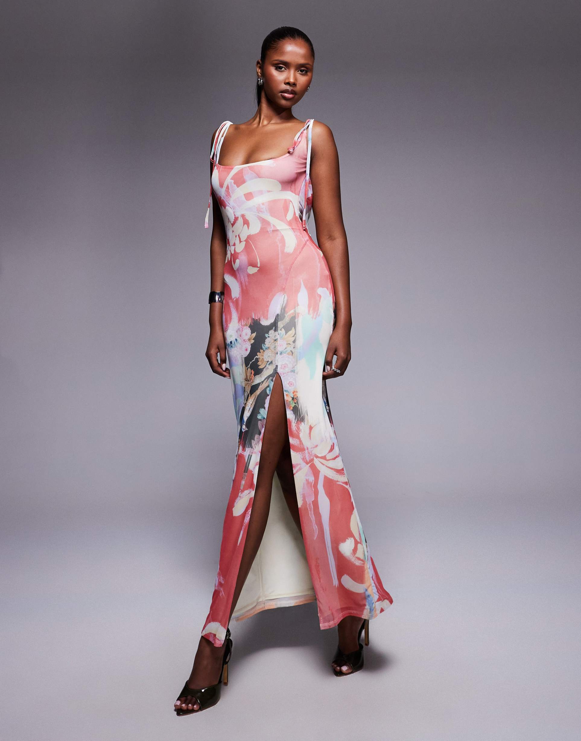 asos design square neck cowl back midaxi dress in spliced print