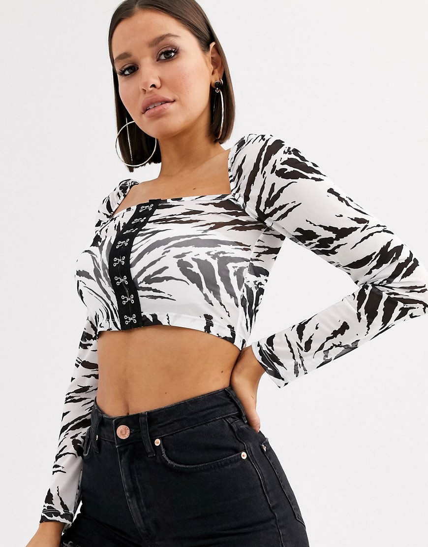 ASOS DESIGN square neck crop top with hook and eye detail in mono print-Multi