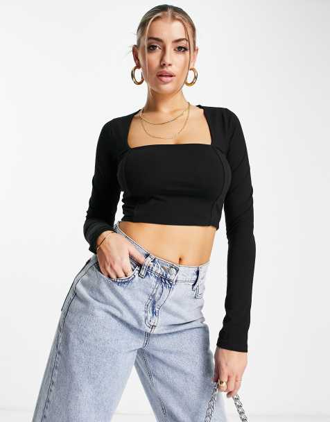 ASOS DESIGN square neck crop top with seam detail in black - view 1