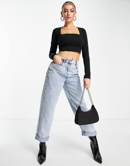 ASOS DESIGN square neck crop top with seam detail in black, 4 of 4