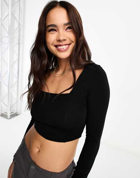 ASOS DESIGN square neck crop top with seam detail in black - view 1