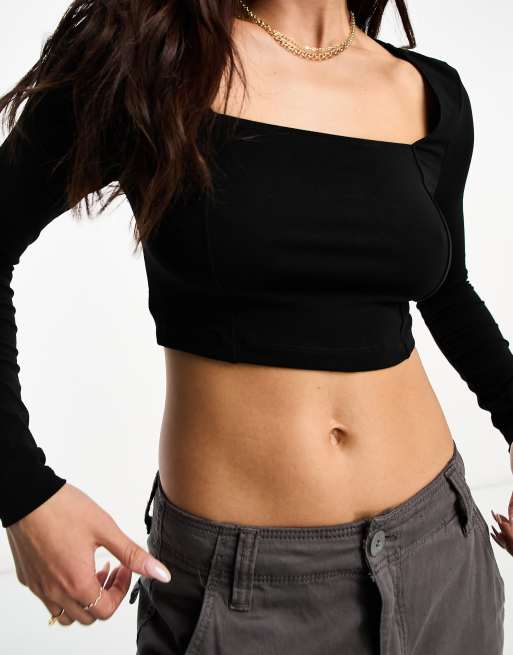 ASOS DESIGN square neck crop top with seam detail in black, 4 of 4