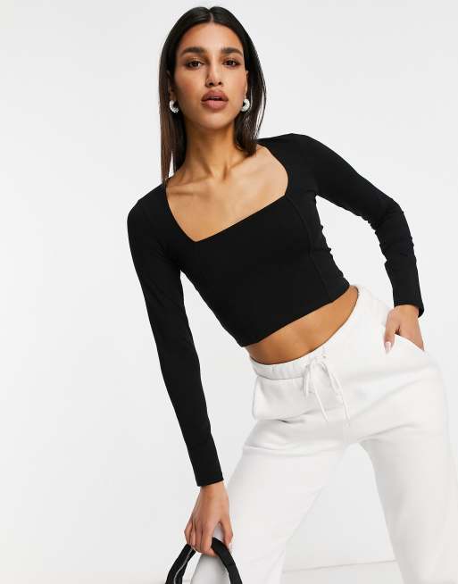 ASOS DESIGN Fuller Bust square neck crop top with seam detail in black