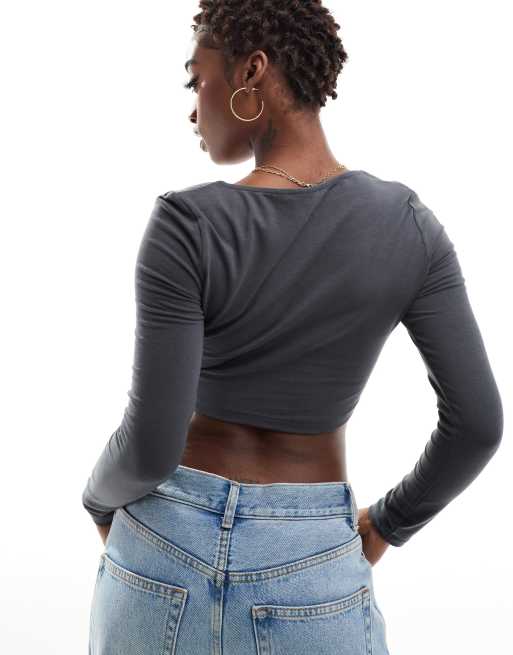 ASOS DESIGN square neck crop top with seam detail in charcoal , 4 of 4