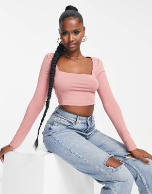 ASOS DESIGN square neck crop top with seam detail in dark rose-Pink