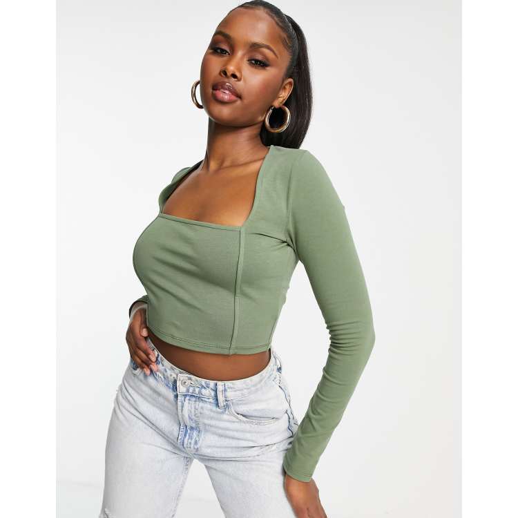 ASOS DESIGN square neck crop top with seam detail in khaki