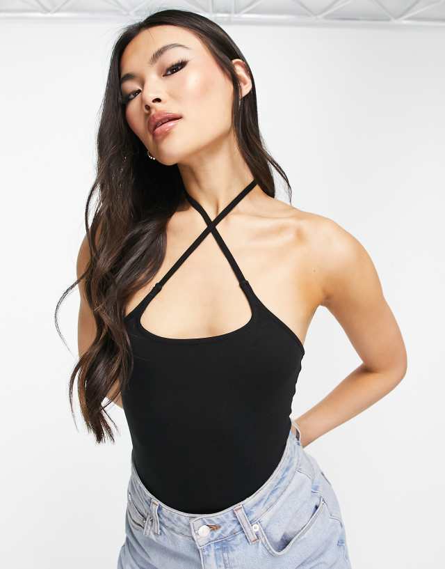 ASOS DESIGN square neck cross strap bodysuit in black