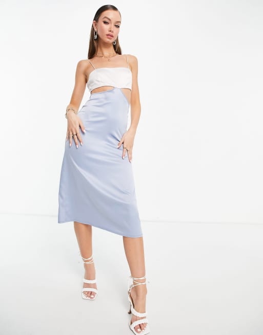 ASOS DESIGN square neck cut out satin cami midi dress in silver & pale blue