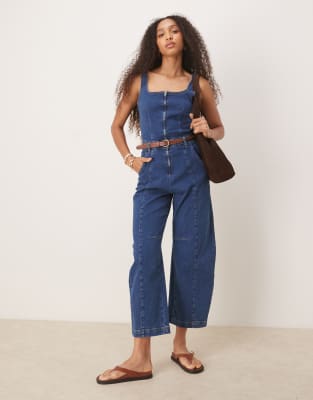 ASOS DESIGN square neck denim jumpsuit with barrel leg in indigo-Navy