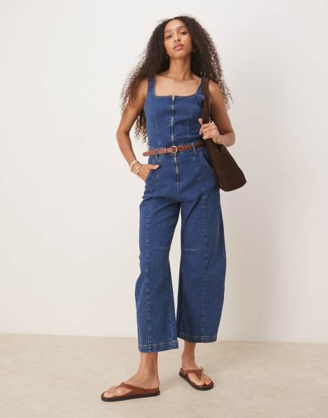 ASOS DESIGN square neck denim jumpsuit with barrel leg in indigo - view 1