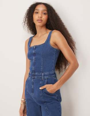 ASOS DESIGN SQUARE NECK DENIM JUMPSUIT WITH BARREL LEGS 