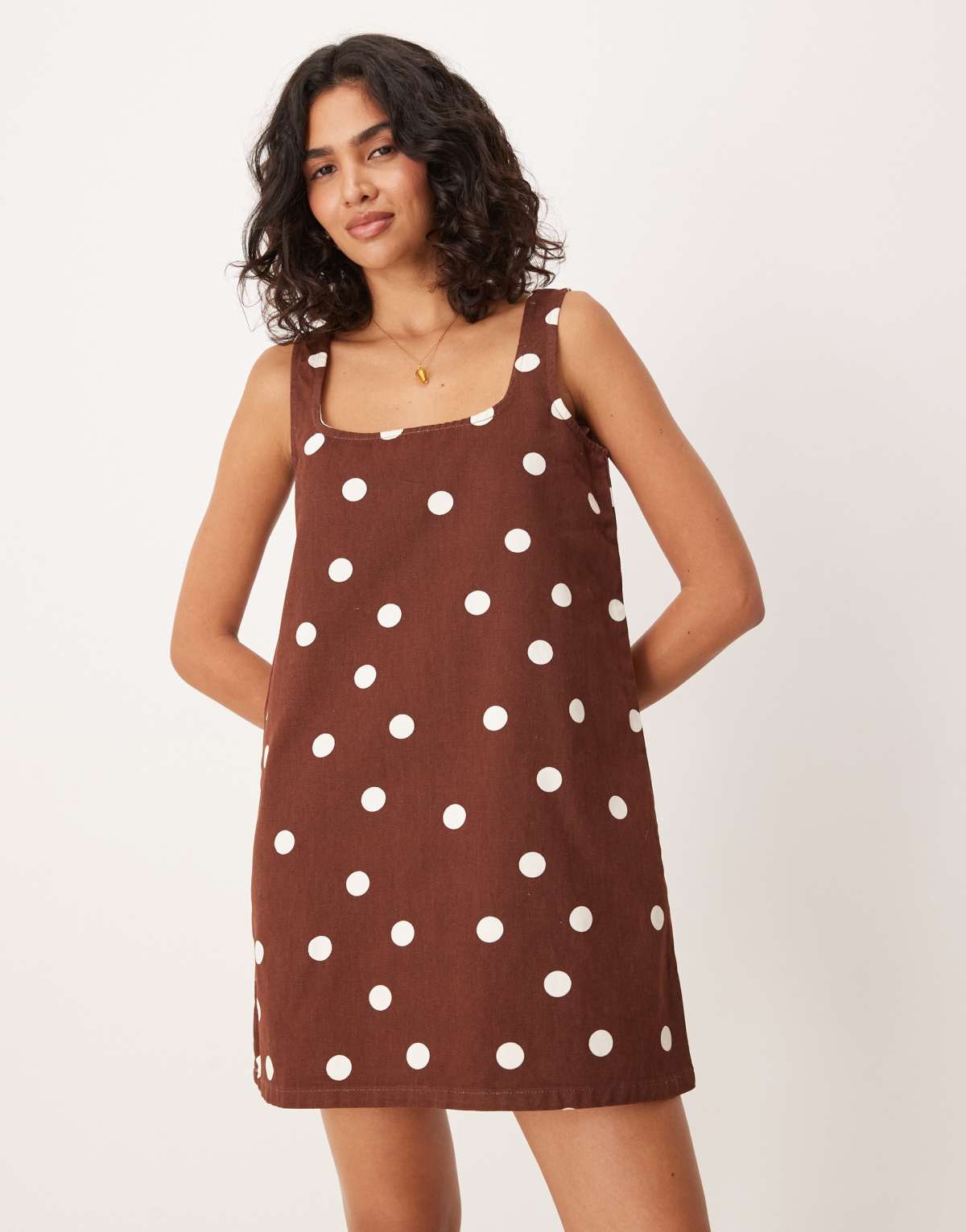 ASOS DESIGN square neck denim mini dress in brown polka dot